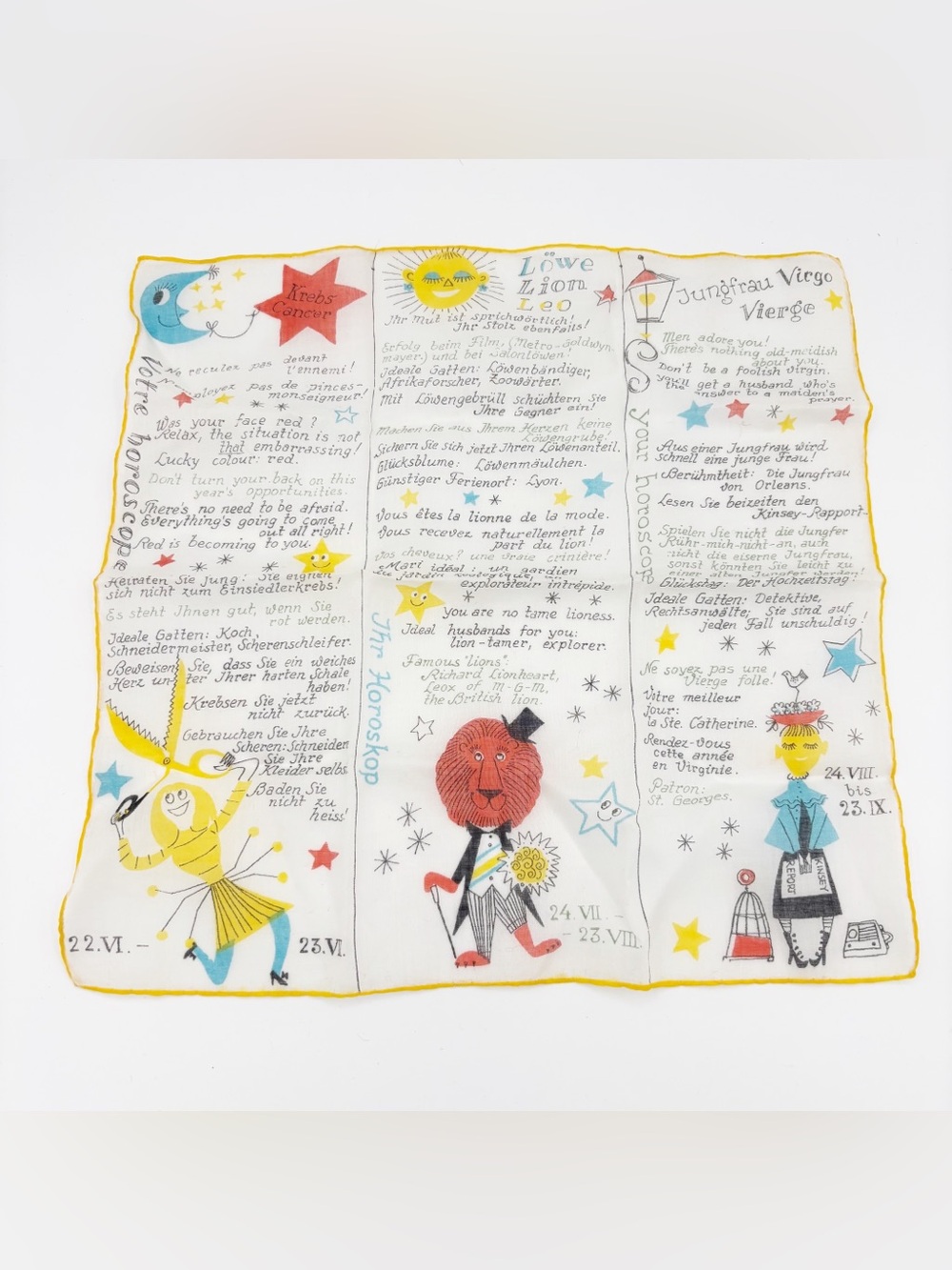 1960s Midcentury Zodiac Astrology Trilingual Handkerchief